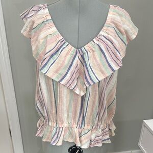 Sleeveless Ruffle Stripe Blouse in Pastel Multi size XL dept222 linen blend